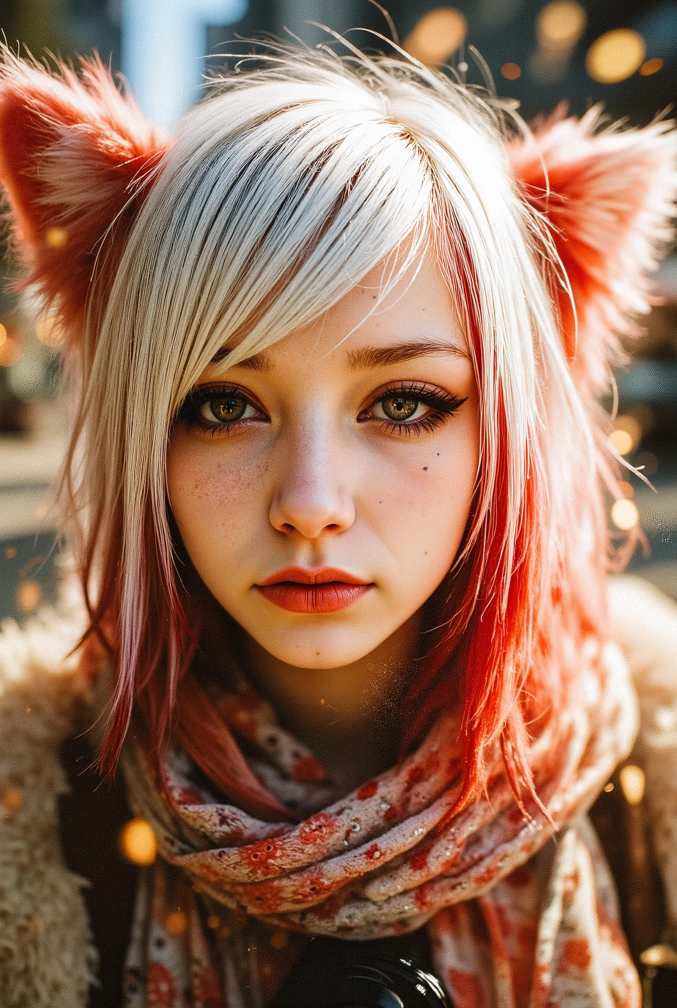  The self-portrait, taken at a slight upward angle, depicts a freckled young fox woman with snow-white tousled hair, she has a characteristic hairstyle in the style of the 2000s/emo scene: falling over her eyes, her thin bangs glisten in the afternoon sun....