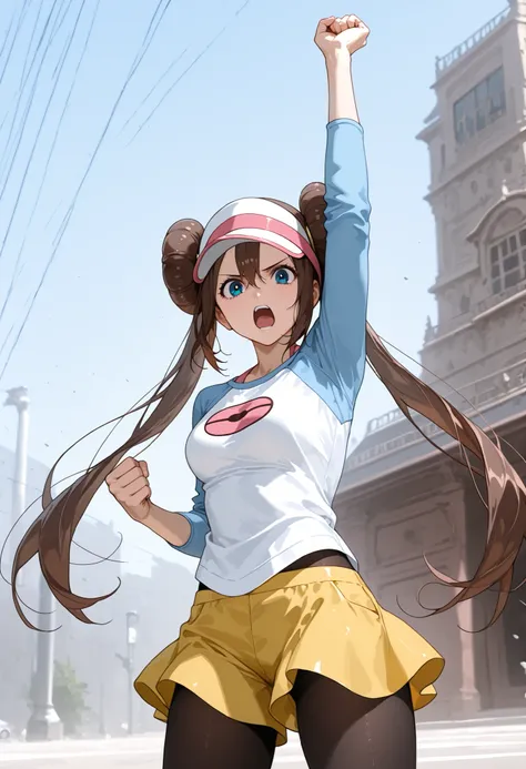 score_9, score_8_up, score_7_up, nh, arm up, clenched hand, 1girl, solo, outdoors, rosa, serious, yelling, brown hair, double bun, doughnut hair bun, hair bun, blue eyes, hair between eyes, twintails, pantyhose, pantyhose under shorts, raglan sleeves, yell...