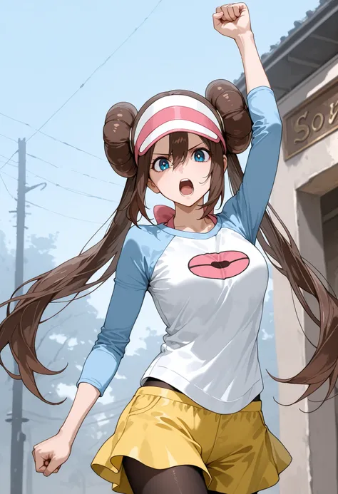 score_9, score_8_up, score_7_up, nh, arm up, clenched hand, 1girl, solo, outdoors, rosa, serious, yelling, brown hair, double bun, doughnut hair bun, hair bun, blue eyes, hair between eyes, twintails, pantyhose, pantyhose under shorts, raglan sleeves, yell...