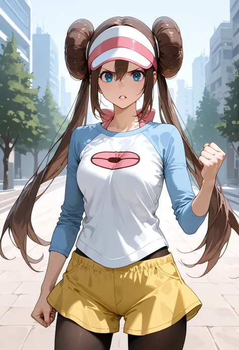 score_9, score_8_up, score_7_up, nh, fist, clenched hand, 1girl, solo, outdoors, rosa, angry, parted lips, brown hair, double bun, doughnut hair bun, hair bun, blue eyes, hair between eyes, twintails, pantyhose, pantyhose under shorts, raglan sleeves, yell...