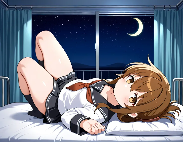  1girl, inazuma \(kancolle\), brown hair, folded ponytail, long hair, brown eyes
 anchor symbol, black sailor collar, long sleeves, neckerchief, school uniform, serafuku, pleated skirt, black skirt, black socks,thick thighs,knee up,crescent moon, stars (sk...