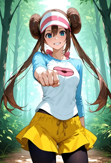score_9, score_8_up, score_7_up, nh, incoming fist bump, 1girl, solo, outdoors, rosa, smile, teeth, brown hair, double bun, doughnut hair bun, hair bun, blue eyes, hair between eyes, twintails, pantyhose, pantyhose under shorts, raglan sleeves, yellow shor...