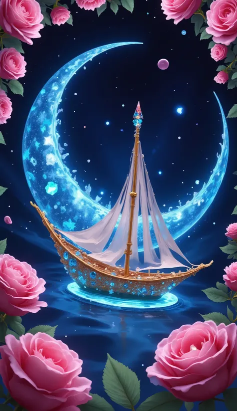 A dreamy, fantasy-style night scene with a glittering crescent moon made of jewels and pearls, gently cradling a magical sailboat adorned with sparkling crystals and gold details. The sailboat floats in a deep blue starry sky, surrounded by an arch of pink...