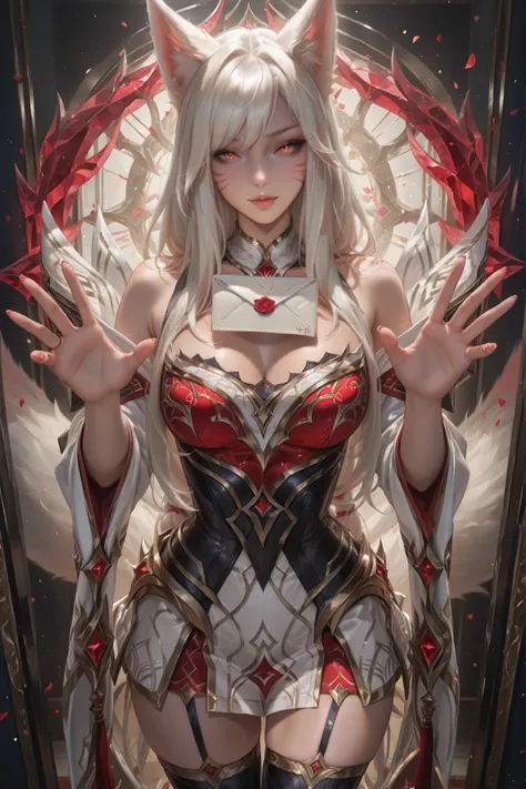 ,beautiful aesthetic, very intricate, high quality details,,score_9, score_8_up, score_7_up,, ahri \(league of legends\),immortalizedahri, standing in front of the viewer, apologetic expression, both hands reaching towards the camera, in his hand is a lett...