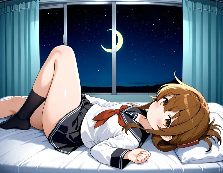  1girl, inazuma \(kancolle\), brown hair, folded ponytail, long hair, brown eyes
 anchor symbol, black sailor collar, long sleeves, neckerchief, school uniform, serafuku, pleated skirt, black skirt, black socks,thick thighs,knee up,crescent moon, stars (sk...