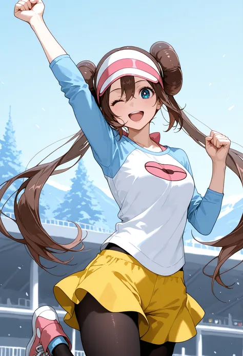 score_9, score_8_up, score_7_up, nh, fist pump, celebrating, jumping, wink, 1girl, solo, outdoors, rosa, smile, open mouth, brown hair, double bun, doughnut hair bun, hair bun, blue eyes, hair between eyes, twintails, pantyhose, pantyhose under shorts, rag...