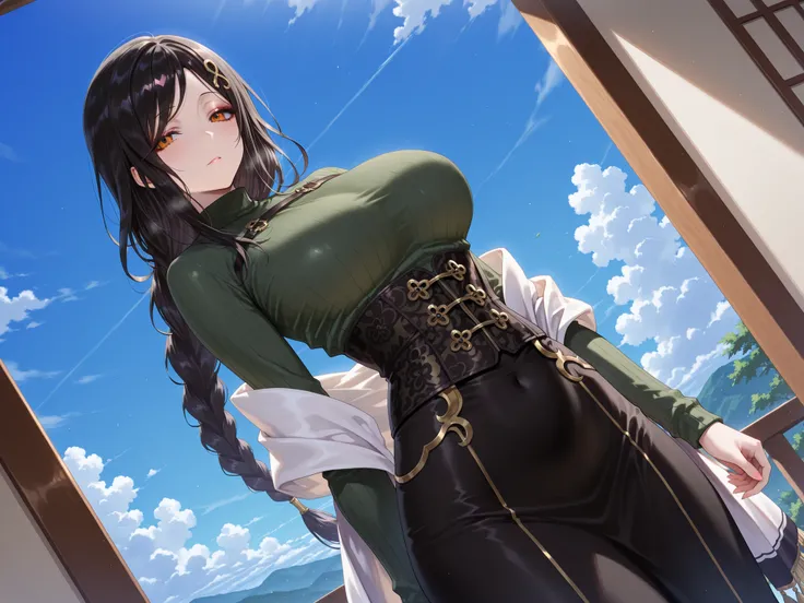 solo,masterpiece,best quality, amazing quality, highres, absurdres, very aesthetic, high resolution, ultra detailed, perfect details,nijitomoe,large breasts,orange eyes,black hair,makeup,long hair,single braid,hair over sholuder,hair ornament,nijitomoecos,...