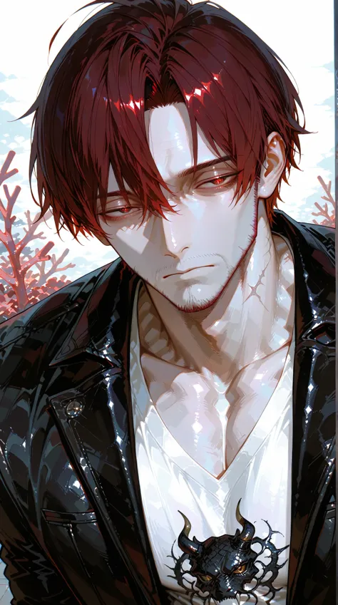 Refined Realistic Style（0.8）, Master Level, EXTREME DETAILS ,Professional post-processing,Masterpiece,anime style（1.2）,best quality,HIGH RESOLUTION,8K,1 male, solo, dark red hair with charcoal gray tips, coral eyes, short hair, short combed back hair, high...