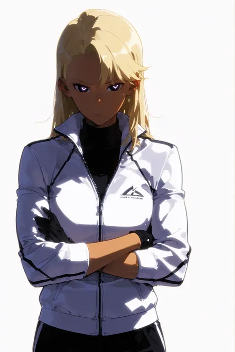 Beautiful, athletic body, toned body, alone, female, shoulder blonde hair, purple black eye, tanned, white tight sport jacket with a turtleneck, zipped jacket, black gloves, black pants , intricate sketch, expressive eyes, nose and mouth, arms crossed, 2d,...