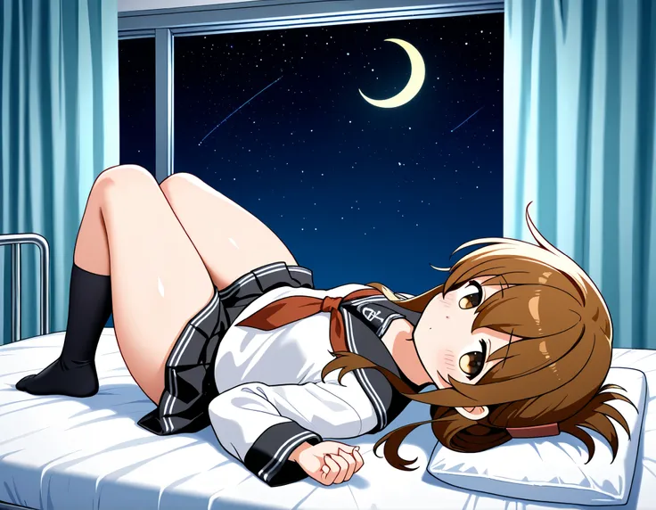  1girl, inazuma \(kancolle\), brown hair, folded ponytail, long hair, brown eyes
 anchor symbol, black sailor collar, long sleeves, neckerchief, school uniform, serafuku, pleated skirt, black skirt, black socks,thick thighs,knee up,crescent moon, stars (sk...