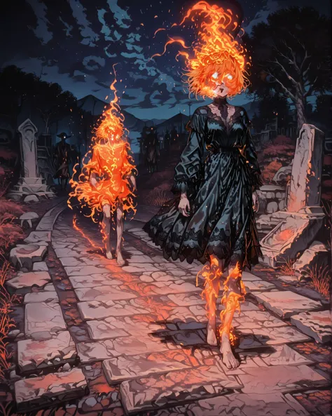 In a dusty rural village at night, a barefoot Brazilian girl in a vintage lace dress stands on an old stone road, telling a tale. Behind her, the spectral image of the Headless Mule burns with ghostly flames, rearing in the dark. The sky glows orange from ...