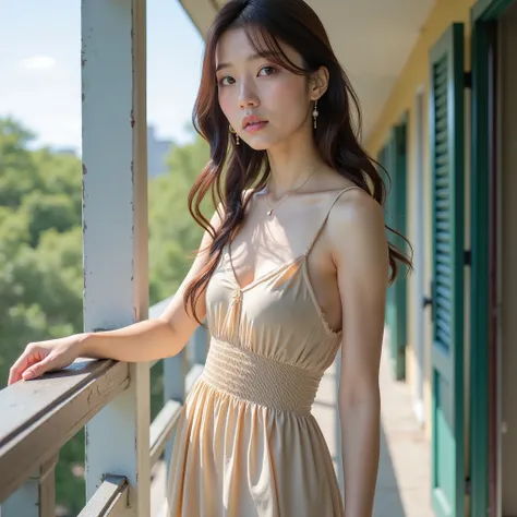 Japanese Top Idol, looking at the next veranda from the veranda, Beautiful woman on the next veranda, Watch viewers, troubled face, Long Dress, camisole on the vehicle, beckoning, Greatest Masterpiece, photorealistic, bright sunshine, after the first