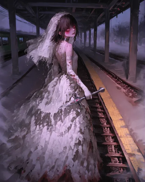 A young Brazilian girl in an old train station at dusk, holding a faded bridal veil. Behind her, the ghost of a bride with a torn dress and sorrowful eyes walks the tracks. The scene is tinged with nostalgic sadness, fog curling around the station like for...