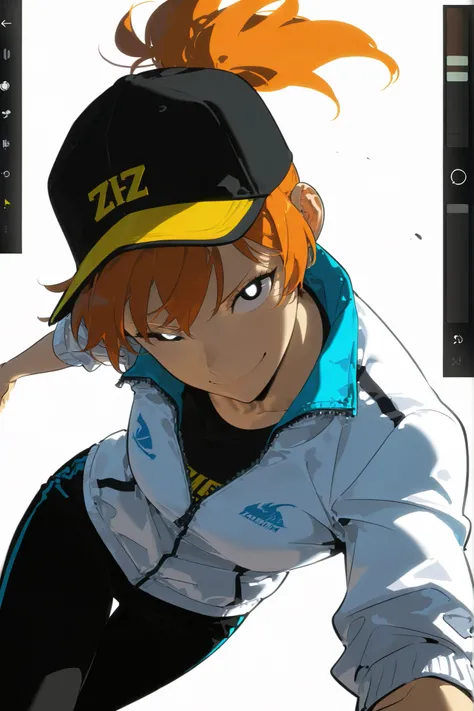 Beautiful, athletic body, toned body, alone, female, long orange hair in ponytail, black cap, blue  black eye, white sport jacket With the sleeves rolled up , zipped jacket, black pants , intricate sketch, expressive eyes, nose and mouth, Points at the vie...
