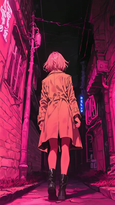 top quality, super resolution, texture like the picture, 1 woman in the body, short hair, pink hair, Stick out your backwards, Beige Trench Coat, Detective Style Coat, Black Short Boots, Night City, old back alley, Far Angle , Shocking Pink Neon,  gaps in ...