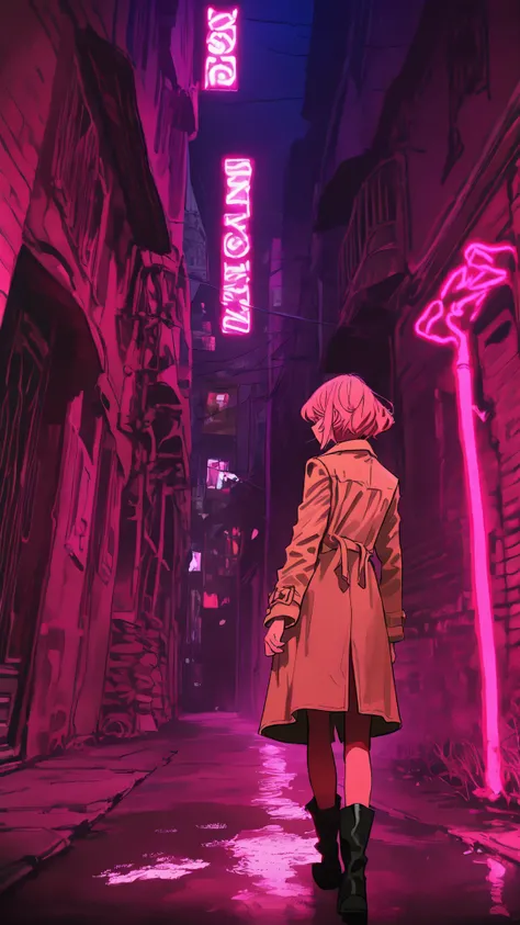 top quality, super resolution, texture like the picture, 1 woman in the body, short hair, pink hair, Stick out your backwards, Beige Trench Coat, Detective Style Coat, Black Short Boots, Night City, old back alley, Far Angle , Shocking Pink Neon,  gaps in ...