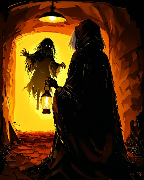 In a forgotten alley lit by an old yellow streetlight, a girl whispers a story while holding a flickering lantern. From behind, the silhouette of the 'Velha da Capa Preta' looms—an old woman in a long black cloak, face hidden, with claw-like hands reaching...