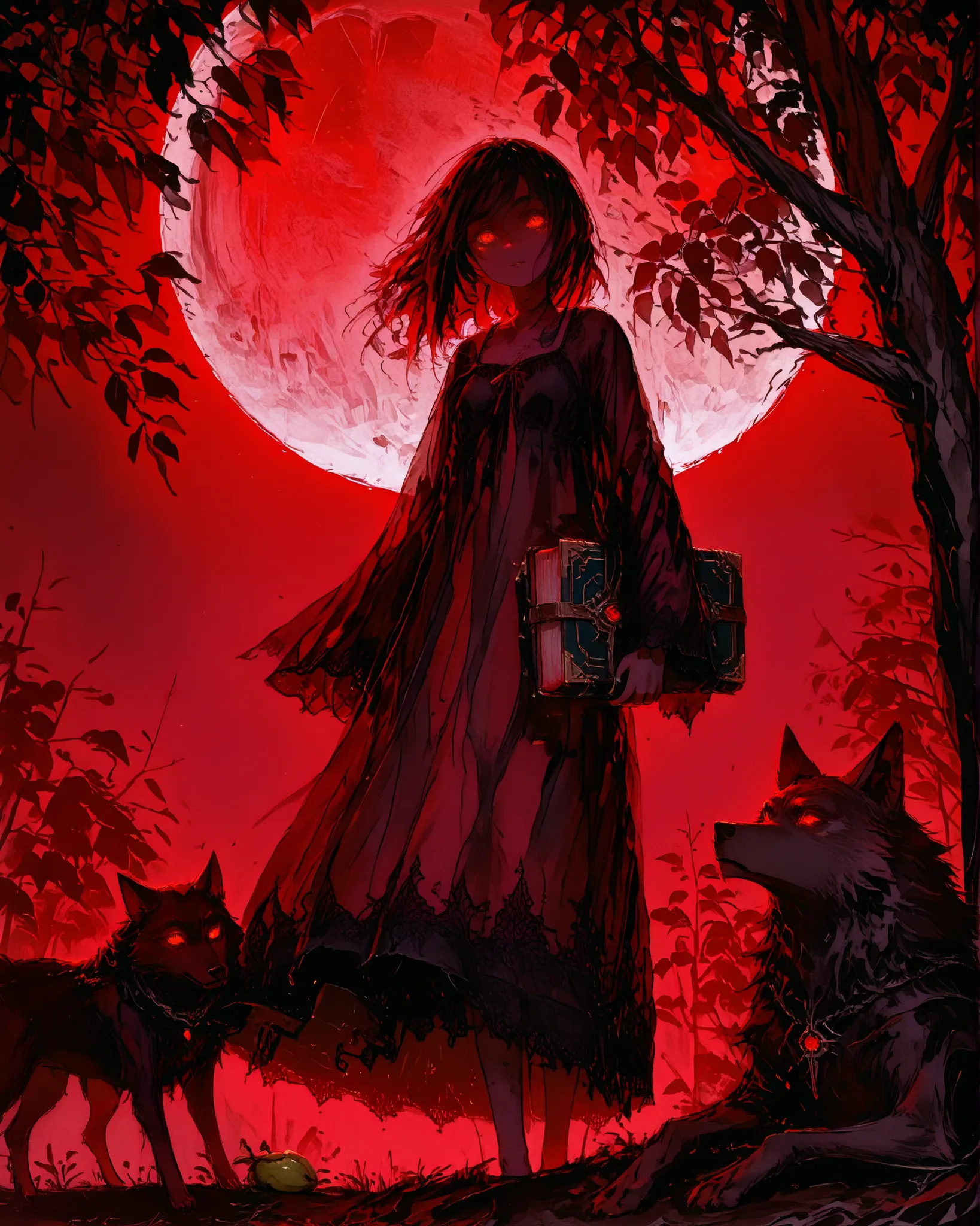 On a full moon night in a small Brazilian town, a girl in a long nightgown holds an old book of folktales. She stands under a fig tree, eyes glowing faintly. In the shadows behind her, a humanoid wolf creature watches—its fur bristled, eyes red. The wind c...
