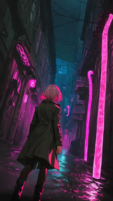 top quality, super resolution,　1 woman in the body, short hair, pink hair, Stick out your backwards, dark grey trench coat, Detective Style Coat, Black Short Boots, Night City, old back alley, Far Angle , Shocking Pink Neon,  gaps in buildings , Ground aft...