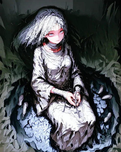 A solemn Brazilian girl sits near a dried-up riverbed, holding a rosary. Beside her, a twisted, mummy-like figure of the 'Corpo Seco' crawls through the cracked earth, surrounded by withered vegetation. The wind carries whispers as the girl stares into the...