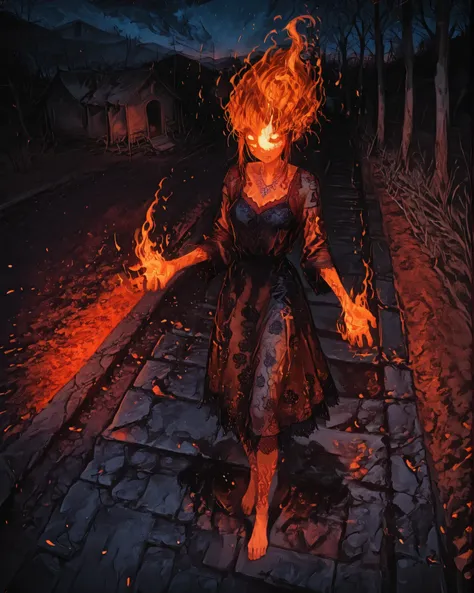 In a dusty rural village at night, a barefoot Brazilian girl in a vintage lace dress stands on an old stone road, telling a tale. Behind her, the spectral image of the Headless Mule burns with ghostly flames, rearing in the dark. The sky glows orange from ...