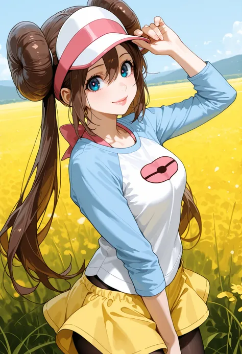 score_9, score_8_up, score_7_up, nh, hat tip, hand on headwear, adjusting headwear, tipping_hat, wink, 1girl, solo, outdoors, rosa, smile, charming, lips, brown hair, double bun, doughnut hair bun, hair bun, blue eyes, hair between eyes, twintails, pantyho...