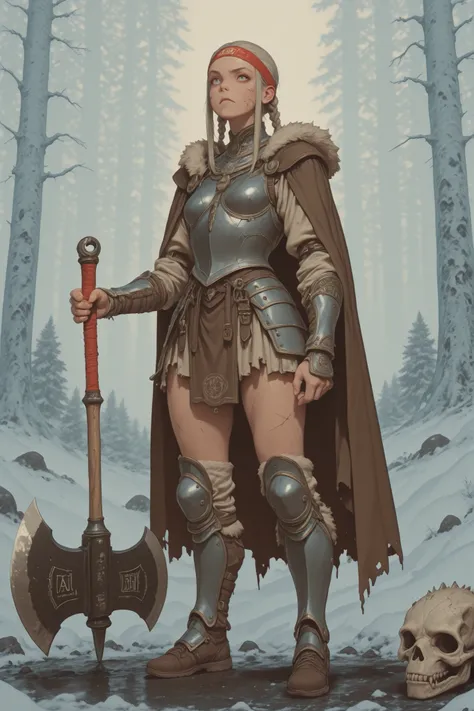 Big Axeを持つ華奢な女闘士(Viking),Although she has a slender figure,、A pose that exudes the strength and confidence of a warrior,自分の背丈ほどの巨大なBig Axeを杖のようにして立っている,Viking風の衣装(Fur or leather、Metal Ornaments、A simple tunic or cape),大きな戦斧はVikingの象徴的な髭斧で装飾のある斧,長いbraids編み込...