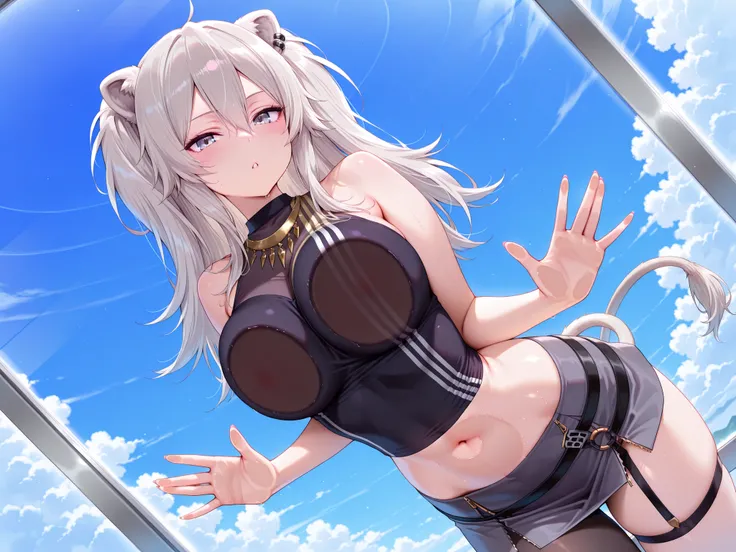 olo,masterpiece,best quality, amazing quality, highres, absurdres, very aesthetic, high resolution, ultra detailed, perfect details,botanIL, ear piercing, lion tail,botandef, long hair, navel, hair between eyes, two side up, black shirt, midriff, grey skir...