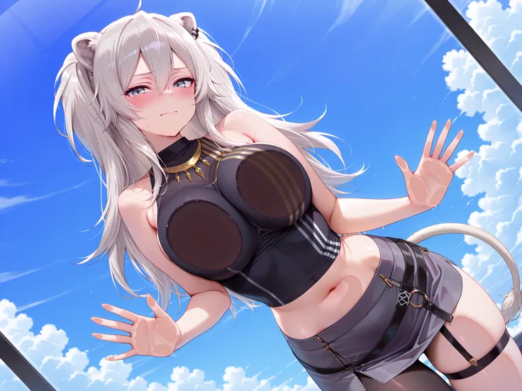 olo,masterpiece,best quality, amazing quality, highres, absurdres, very aesthetic, high resolution, ultra detailed, perfect details,botanIL, ear piercing, lion tail,botandef, long hair, navel, hair between eyes, two side up, black shirt, midriff, grey skir...