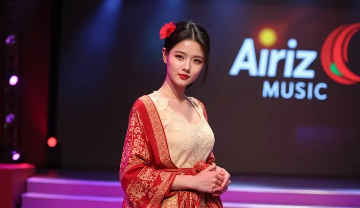 a beautiful and sexy young woman staring at the camera, The young woman is wearing traditional Javanese clothes. It looks elegant with cream-colored brocade kebaya and batik fabric wrapped around the bottom, as well as a red shawl tied at the waist. Her ha...