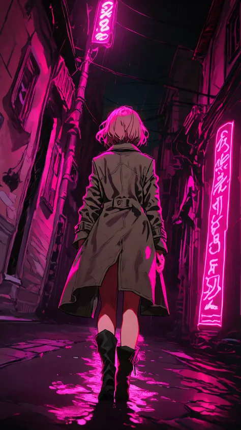 top quality, super resolution, texture like the picture, 1 woman in the body, short hair, pink hair, Stick out your backwards, grey trench coat, Detective Style Coat, Black Short Boots, Night City, old back alley, Far Angle , Shocking Pink Neon,  gaps in b...