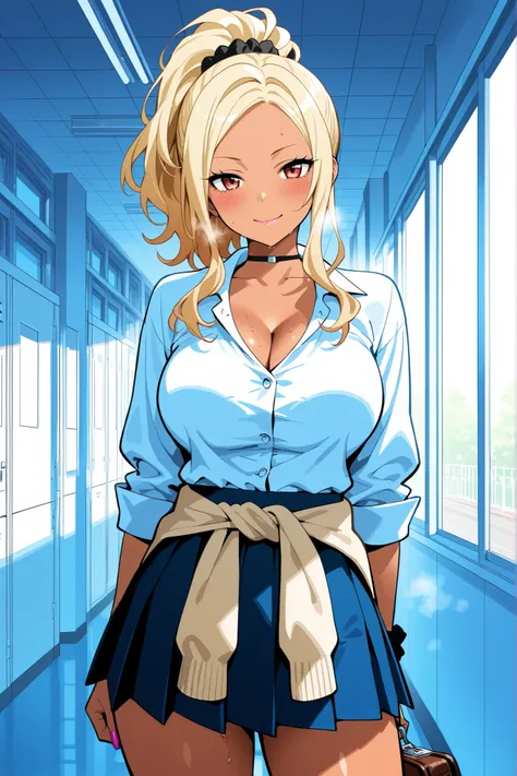 stylish gyaru, blonde gyaru hair, high ponytail, red eyes,、tied hair、white blouse, long sleeves, buttons, bra, pleated skirt, sweater tied at waist、、masterpiece、newest、lively、is very aesthetic、high contrast、((higheSt quality, maSterpiece))、Mature Woman、cut...