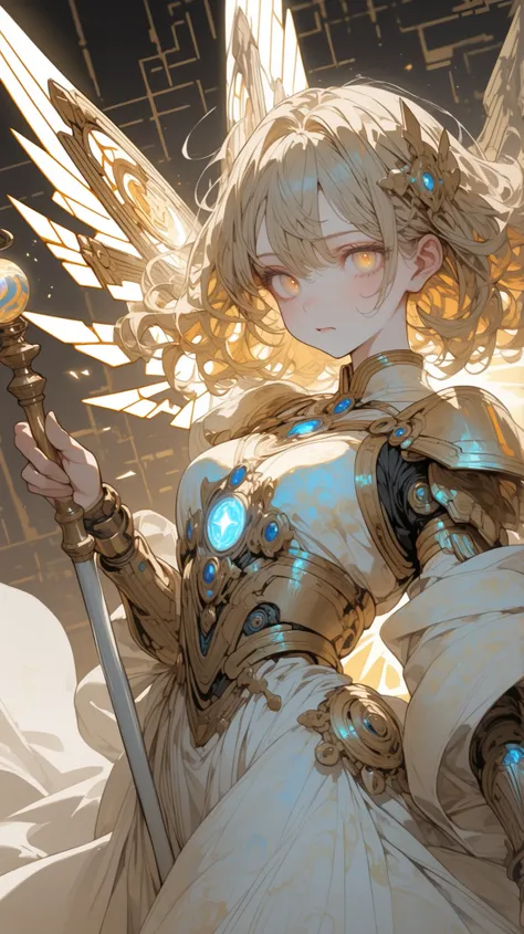 A mechanical angel floating in the air、spreading its shining mechanical wings、Figure manipulating the Orb of Light。, shines on the background with a sacred geometric pattern circuit and a crest of light、sparks that make energy flow。holding a long lance-sha...