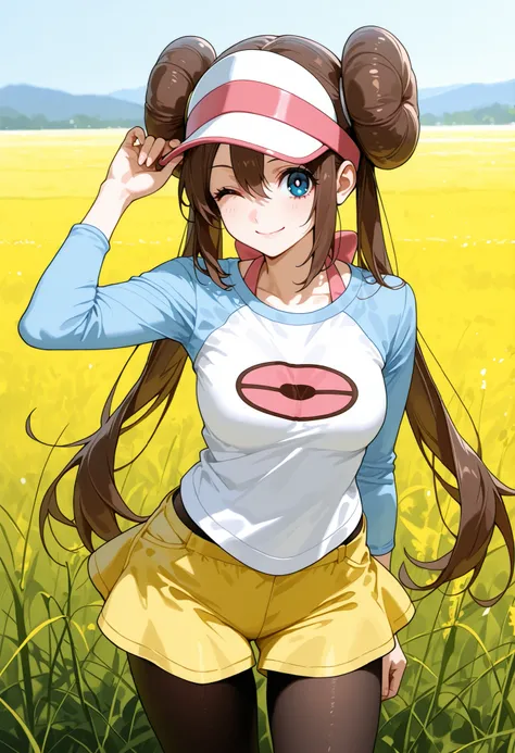 score_9, score_8_up, score_7_up, nh, hat tip, hand on headwear, adjusting headwear, tipping_hat, wink, 1girl, solo, outdoors, rosa, smile, charming, brown hair, double bun, doughnut hair bun, hair bun, blue eyes, hair between eyes, twintails, pantyhose, pa...
