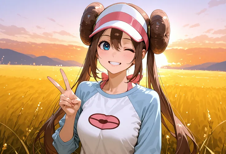 score_9, score_8_up, score_7_up, nh, v gesture, v, 1girl, solo, outdoors, rosa, wink, smile, teeth, brown hair, double bun, doughnut hair bun, hair bun, blue eyes, hair between eyes, twintails, raglan sleeves, white shirt, blue sleeves, long sleeves, visor...