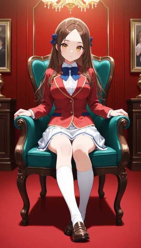  Masterpiece, hd, best quality, 1girl, kiyotaka_ayanokouji, long hair, hair bow, brown hair, medium breasts , forehead, parted bangs, school uniform, red blazer, blue bowtie , white lace shirt, white pleated skirt,knee socks ,loafers, sitting on queen chai...