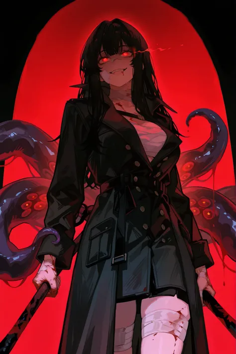 womanhood,25 years old,black hair,, red glowing eyes,black trench coat,crazy expression,Blood on the body,Bandage your hands,to hold a huge stick,Facing me,and connect the tentacles, no background