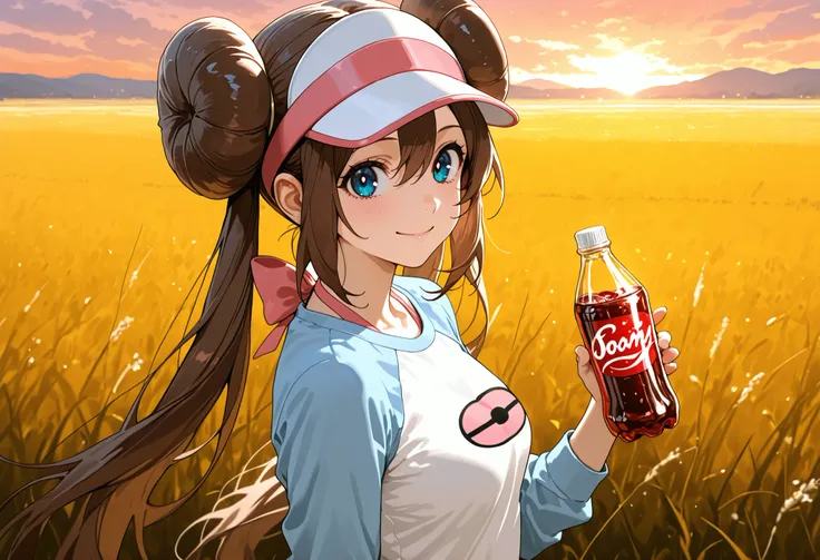score_9, score_8_up, score_7_up, nh, holding a bottle soda, 1girl, solo, outdoors, rosa, smile, brown hair, double bun, doughnut hair bun, hair bun, blue eyes, hair between eyes, twintails, raglan sleeves, white shirt, blue sleeves, long sleeves, visor cap...