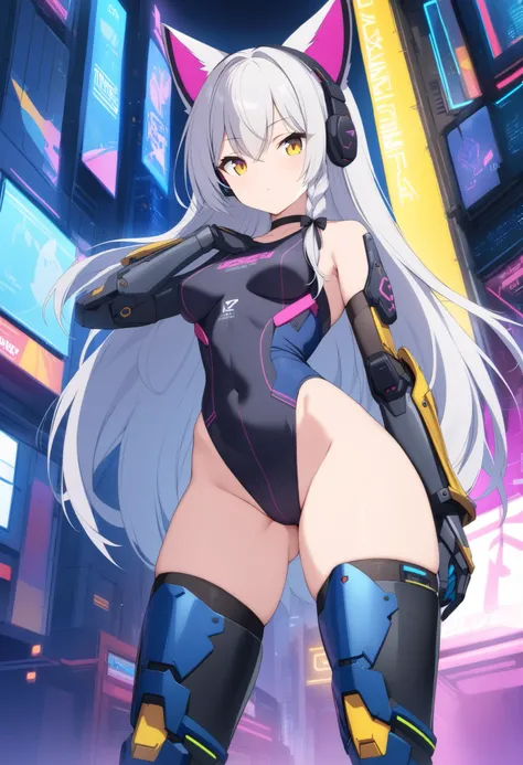 Highest Quality, Detailed depiction of the eyes, one female, younger, slender body, foxy , grayish white hair , long hair, one side braid grated , Big cat eyes, chrome yellow color eyes, cyber punk, iron blue mechanical arm guards , iron blue mechanical le...