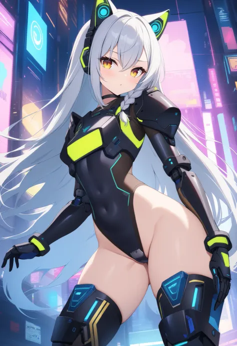 Highest Quality, Detailed depiction of the eyes, one female, younger, slender body, foxy , grayish white hair , long hair, one side braid grated , Big cat eyes, chrome yellow color eyes, cyber punk, iron blue mechanical arm guards , iron blue mechanical le...