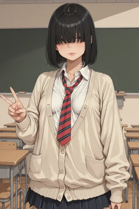 1 girl, short black hair, bangs over eyes, voluptuous, small breasts, loose cardigan, white shirt, red striped tie, pleated skirt, classroom background, look at viewer, peace sign 