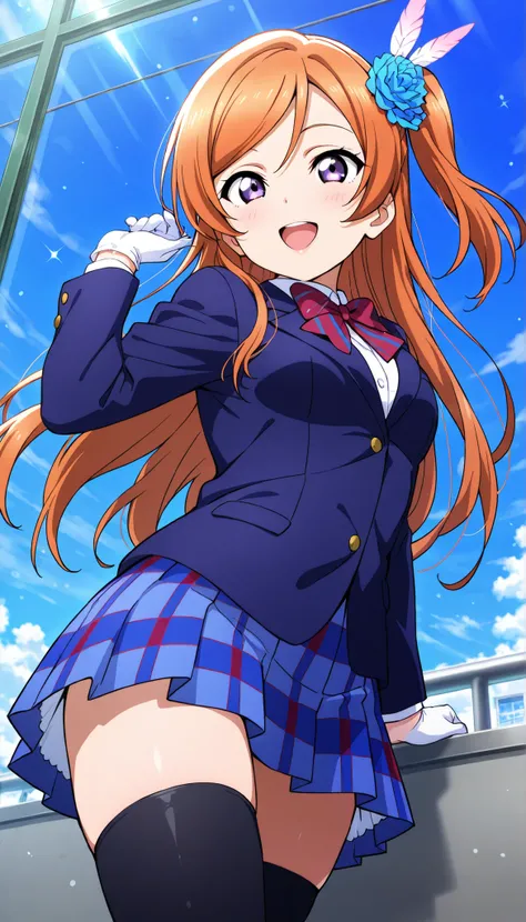 masterpiece, best quality,  one side up, feather hair ornament, hair flower, white gloves, legwear, thighhighs,  smile,glossy lips, (1girl), (solo), otonokizaka ,winter uniform, red striped bow tie, navy blue blazer, blue striped pleated skirt,from below, ...