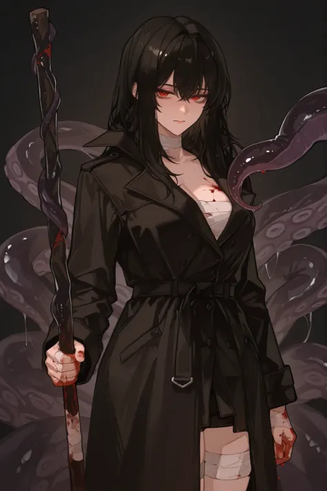womanhood,25 years old,black hair,Red Eyes,black trench coat,discreet expression,Blood on the body,Bandage your hands,to hold a huge stick,Facing me,and connect the tentacles, no background