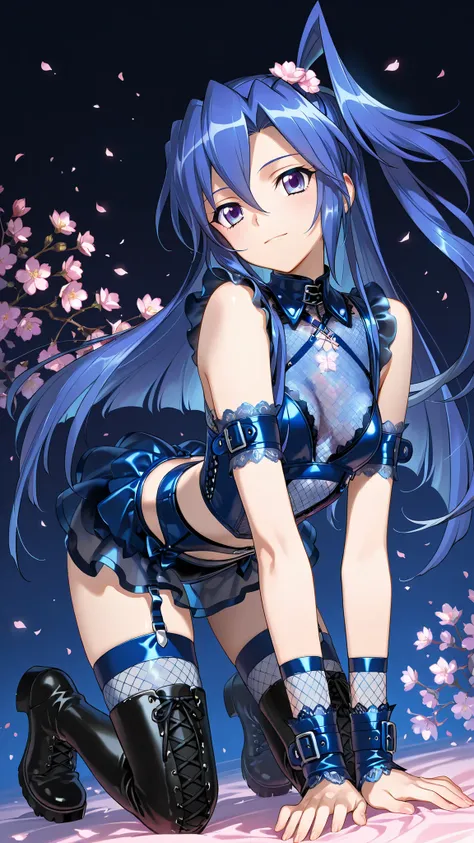 solo, symphogear,Kazanari Tsubasa, Cherry blossom background in full bloom, maid,blue leather bondage outfit, intricate design,buckles, straps, thigh-high boots, garter belt, fishnet stockings,((see-through blue mesh on chest and arms:1.5)), ((lace-up bac...