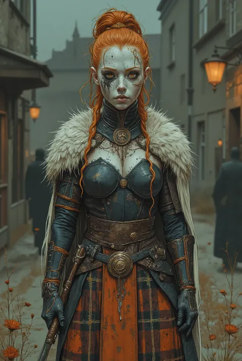 ung and beautiful celtic ((warrior)) girl, mystical medieval witch, pale skin, ((celtic black tattoos)), ((shaved hair + ginger braids + ponytail)), cruel expression , ((celtic fur clothes)), celtic ambiance , big sagging breasts, (ornate celtic leather ar...