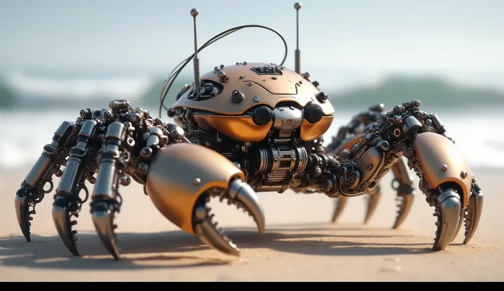 The image depicts a highly detailed, a steampunk robotic crab on a sandy beach with waves crashing in the background. The crab is made of an intricate set of metal parts, fun, and, with weathered, industrial look. Its body has a yellow-orange shell, , and ...