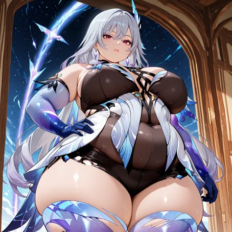 anime screencap, masterpiece, best quality,
1girl, solo, parted lips,
 1girl, solo, mature female, skirk \(genshin impact\), genshin impact, 1girl, solo, breasts, long hair, gloves, thighhighs, looking at viewer, elbow gloves, hand on hip, bangs, hair orna...