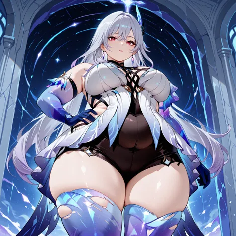 anime screencap, masterpiece, best quality,
1girl, solo, parted lips,
 1girl, solo, mature female, skirk \(genshin impact\), genshin impact, 1girl, solo, breasts, long hair, gloves, thighhighs, looking at viewer, elbow gloves, hand on hip, bangs, hair orna...