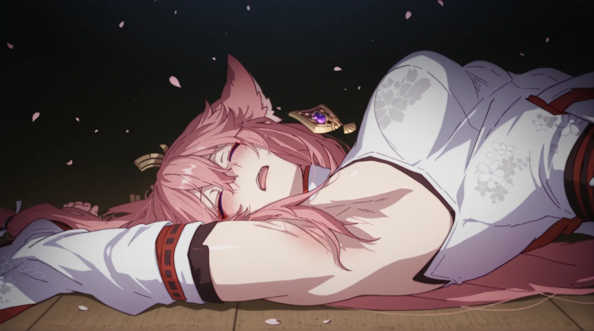 masterpiece, best quality, amazing quality, anime coloring, 1girl, solo, zzYaemiko, purple eyes, hair between eyes, hair ornament, long hair, low-tied long hair, pink hair, animal ears, fox ears, bare shoulders, jewelry, earrings, medium breasts, detached ...
