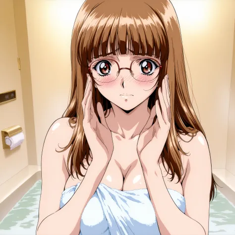 (((solo))),general,highres, ultra-detailed,very aesthetic,best quality ,best hands,beautiful fingers,BREAK 
Iijima_Sensei, 1girl,solo, brown hair, glasses, long hair, brown eyes,blunt bangs,breasts,hotel bath rooms,bathing,nude towel,embarrassed,(((solo)))...